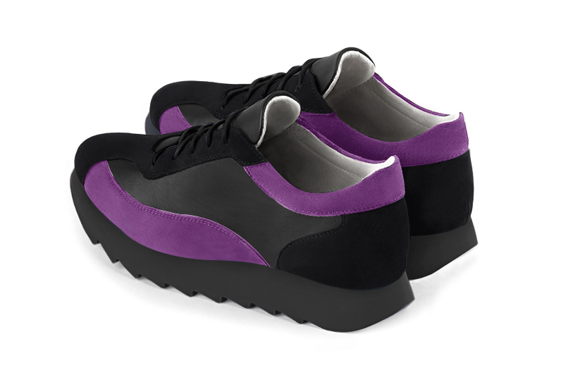 Matt black and mauve purple women's elegant sneakers. Round toe. Low rubber soles. Rear view - Florence KOOIJMAN